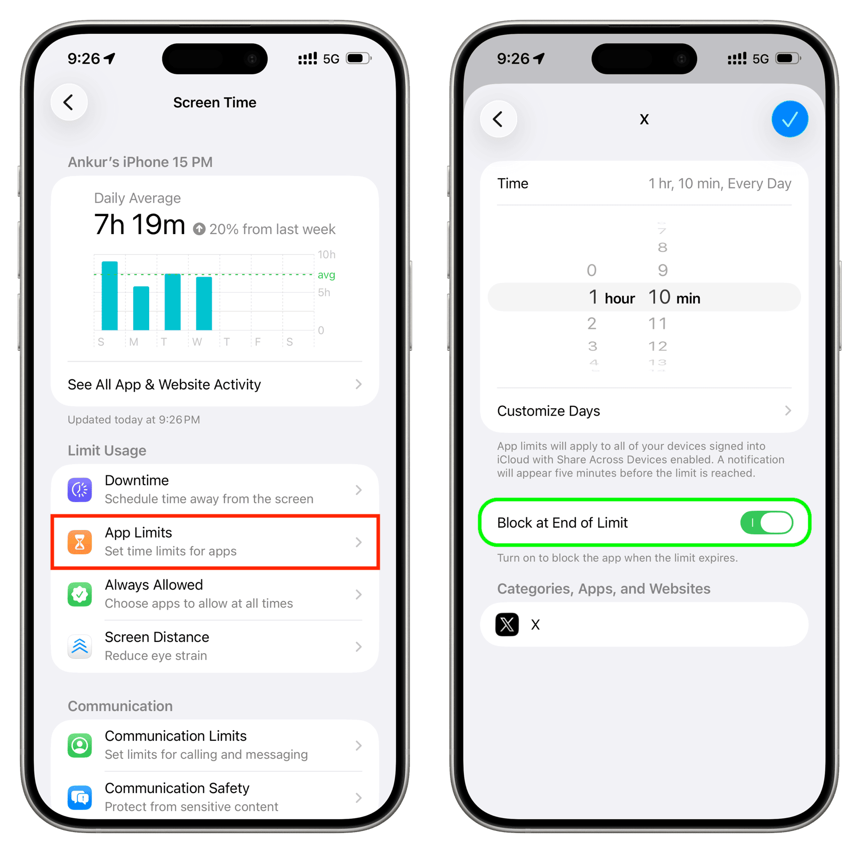 Two iPhone screens: the Screen Time page with App Limits highlighted, and a limit's settings page with the Block at End of Limit toggle turned on