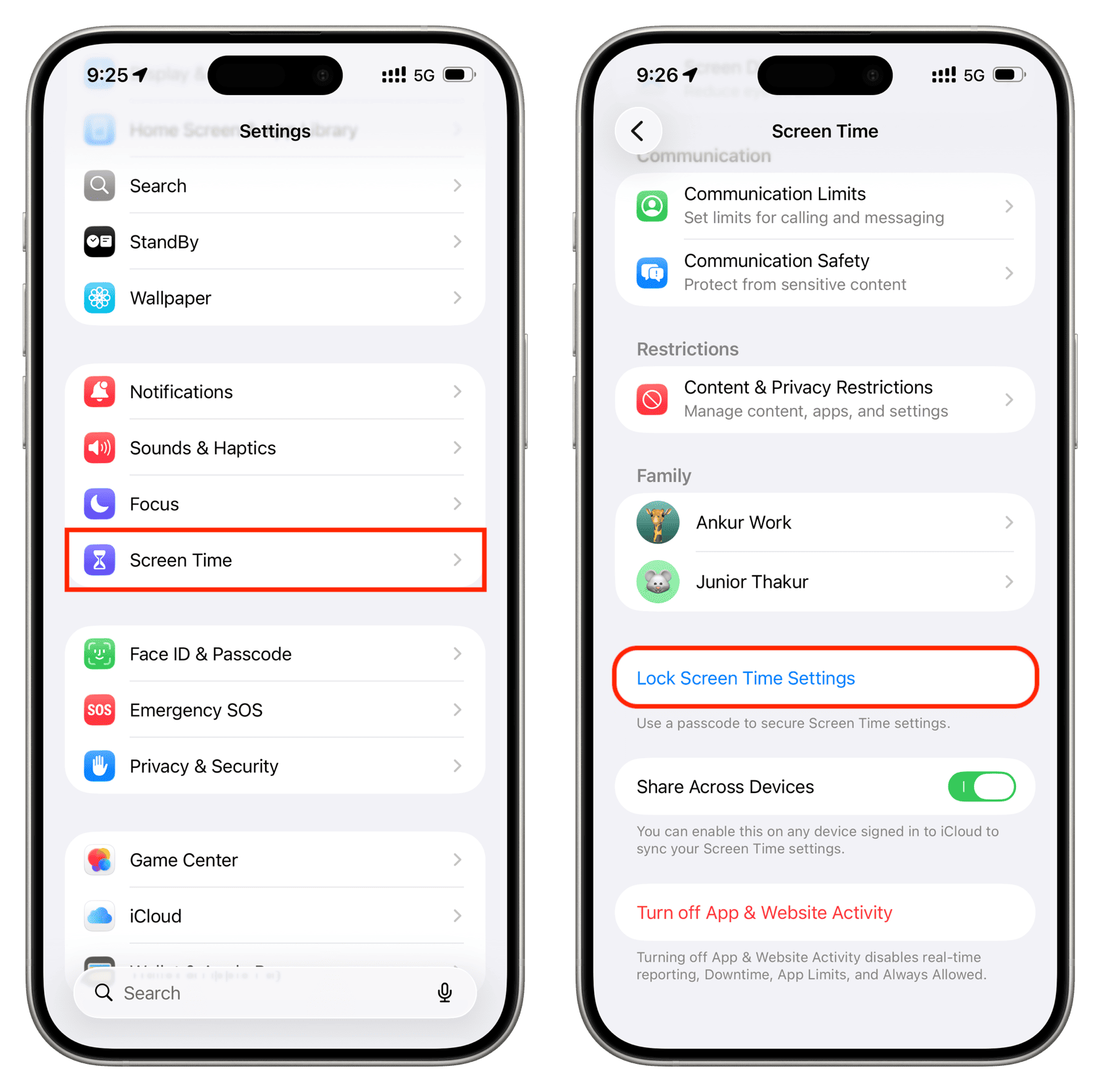 Two iPhone screens: Settings with Screen Time highlighted, and the Screen Time page with Lock Screen Time Settings highlighted
