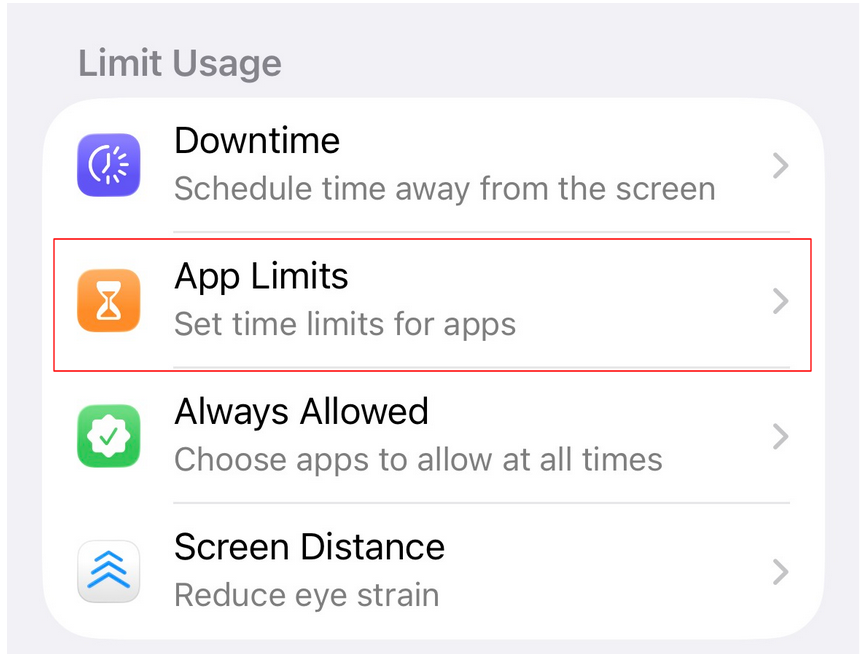 App Limits option in Screen Time settings