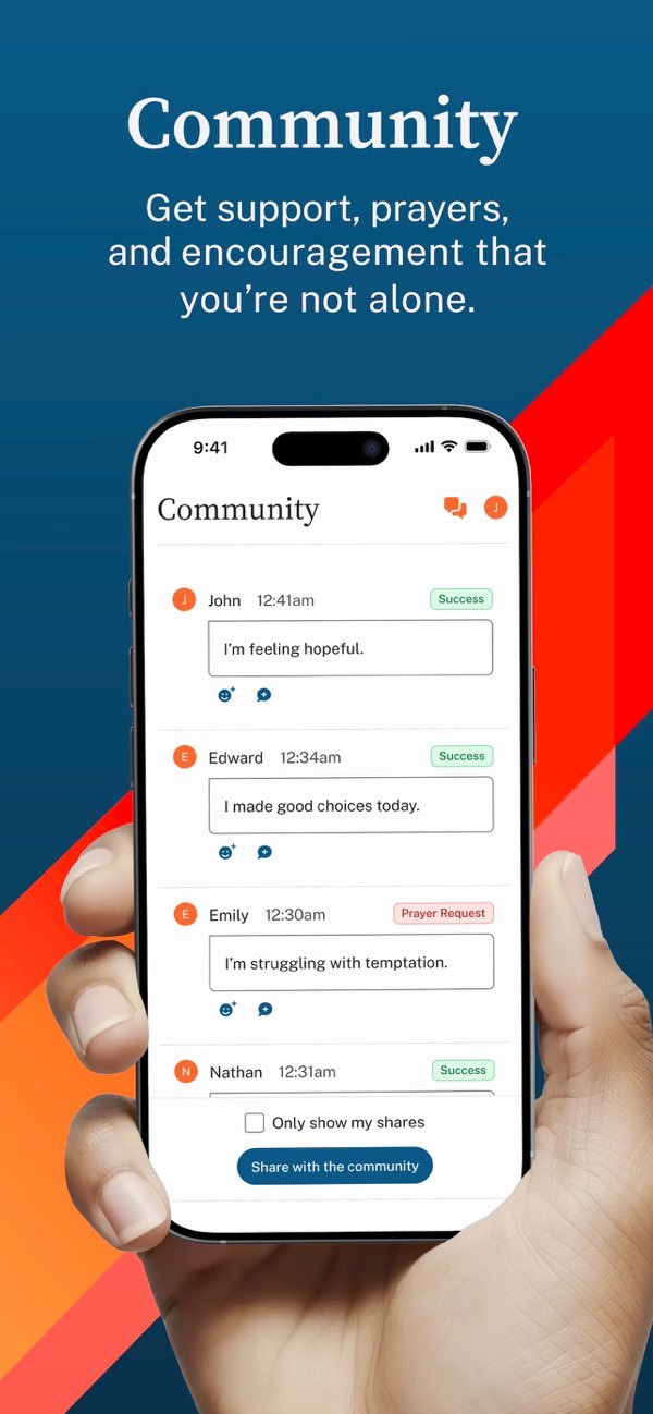 Victory by Covenant Eyes Community screen with members sharing successes and prayer requests