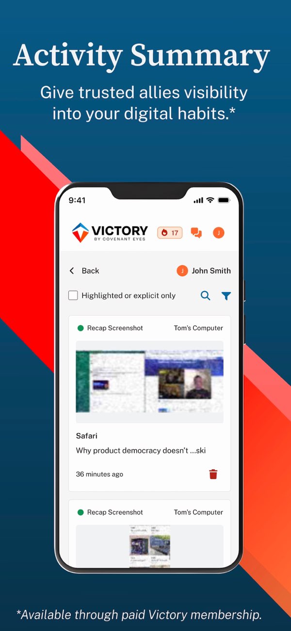 Victory by Covenant Eyes Activity Summary screen showing recap screenshots of browsing shared with a trusted ally