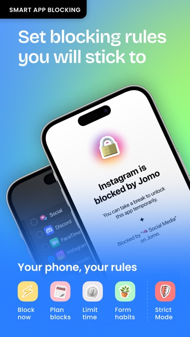 Jomo blocking Instagram with a 'blocked by Jomo' screen and its rule options below