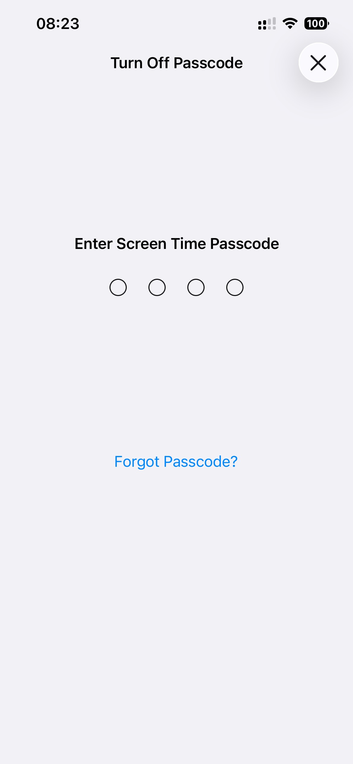 The iOS Screen Time passcode entry screen with a Forgot Passcode? link below the digit circles