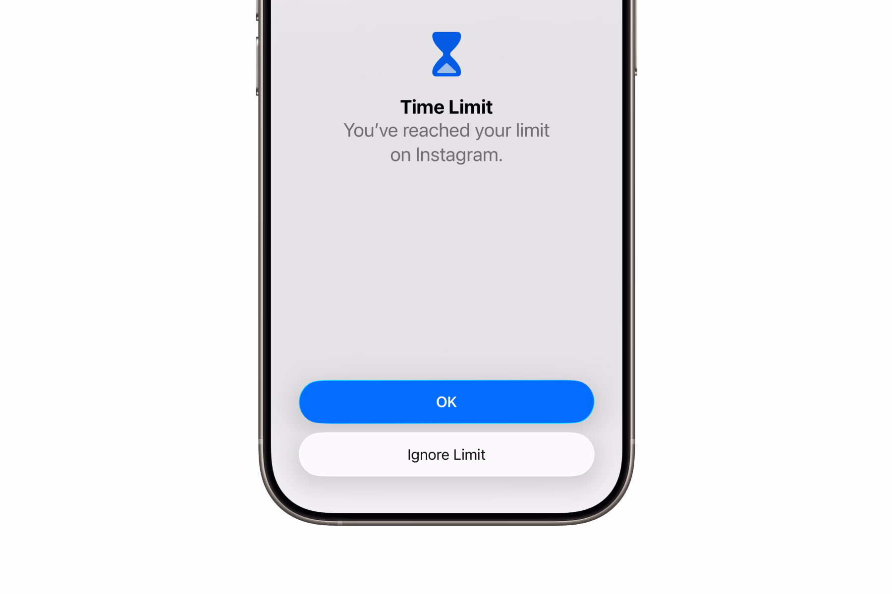 The iOS Time Limit screen saying you've reached your limit on Instagram, with an OK button and an Ignore Limit button
