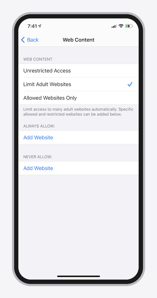Limit Adult Websites selected on the Web Content screen in iPhone Screen Time settings