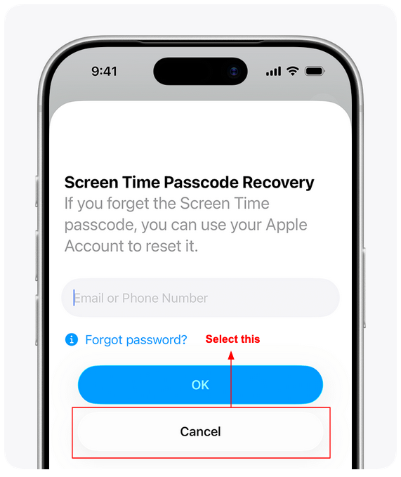 Tap Cancel on Screen Time Passcode Recovery