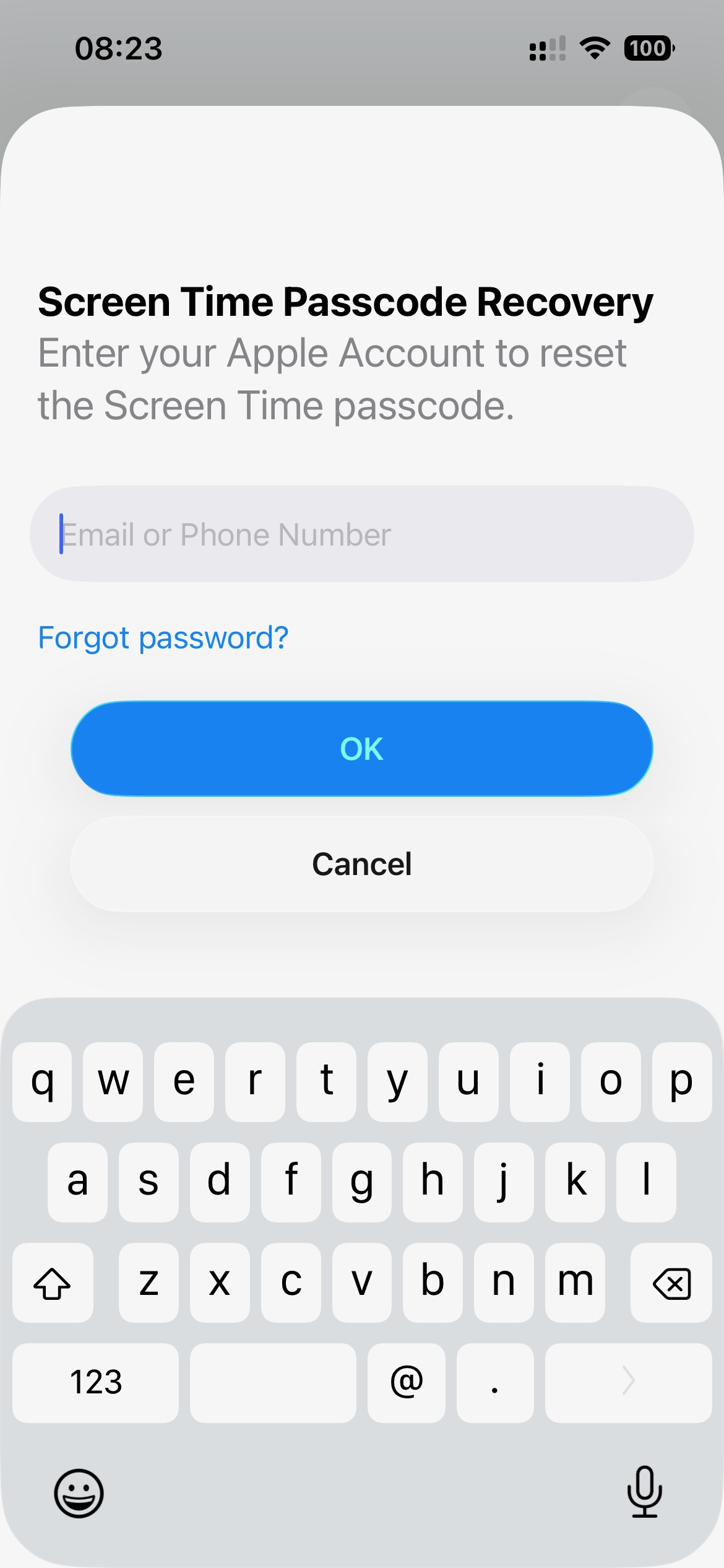 The Screen Time Passcode Recovery sheet asking for an Apple Account email or phone number to reset the passcode